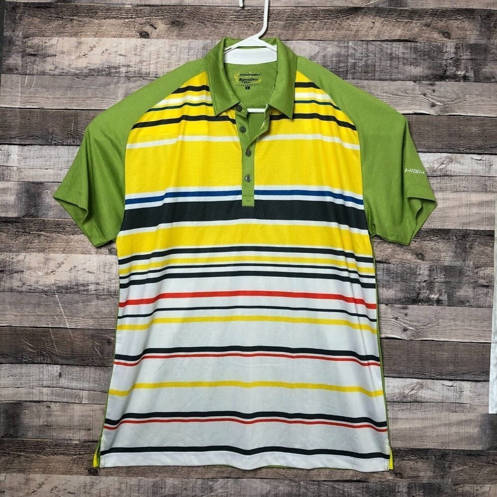 Pin High SwingDry Tech Mens Large Striped Polo Shirt Green Moisture Wicking